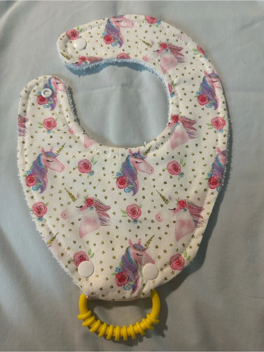 Handmade Unicorn bib with ring